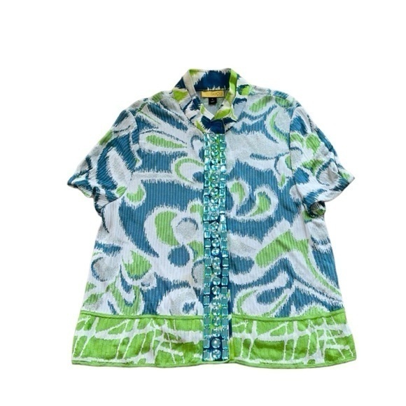St.John SoCa Blue‎ Green Ikat Print Metallic Jeweled Jacket Shirt XL
